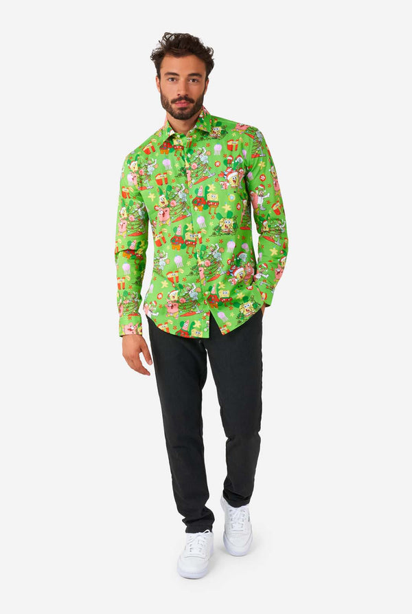 Man wearing green Christmas themed Men's Shirt Spongebob shirt