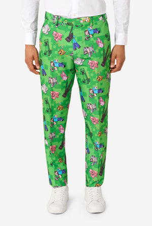 Close-up of Minecraft suit trousers featuring Creepers, pigs, and wolves in a pixel-style print.