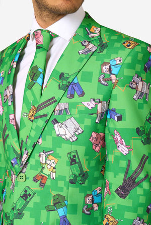 Zoomed-in view of Minecraft print on blazer and tie, featuring Steve, Alex, Creepers, and animals in pixelated style.