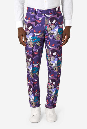 A man wearing a Ghost Pokemon themed suit with a Ghost Pokemon themed tie and a white shirt on a white background. Close up of the pants