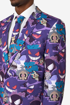 A man wearing a Ghost Pokemon themed suit with a Ghost Pokemon themed tie and a white shirt on a white background. Close up of the chest