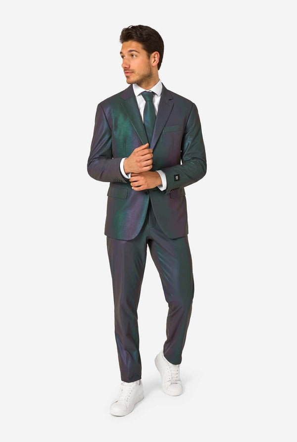 A man wearing a reflective suit, with a reflective tie and a white shirt on a white background. Full body image