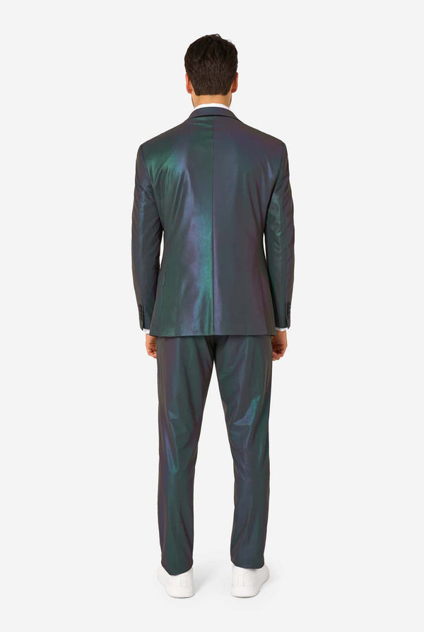 A man wearing a reflective suit, with a reflective tie and a white shirt on a white background. View from the back