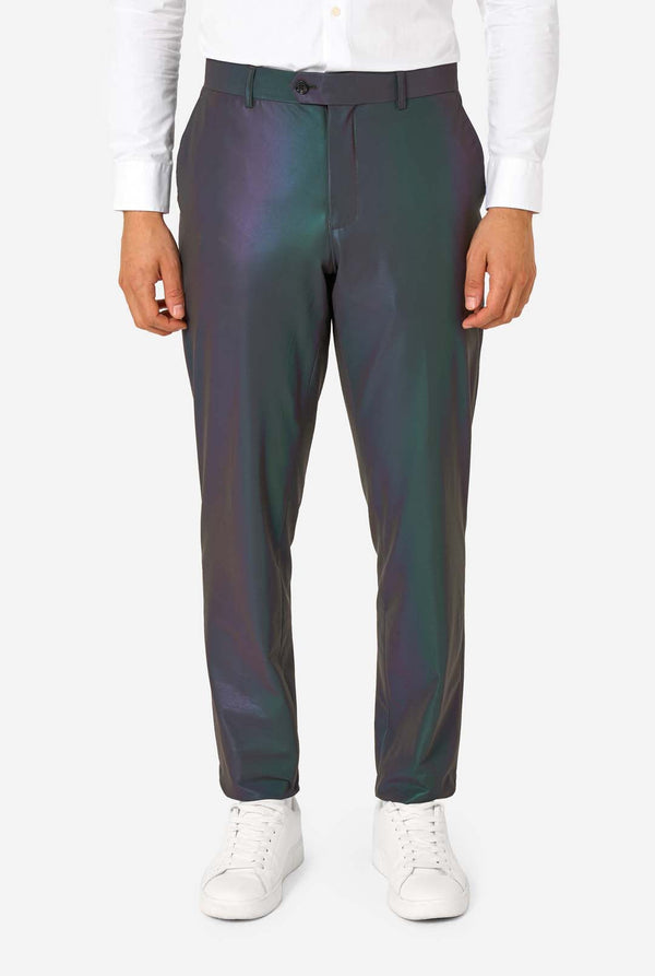 A man wearing a reflective suit, with a reflective tie and a white shirt on a white background. Close up of the pants