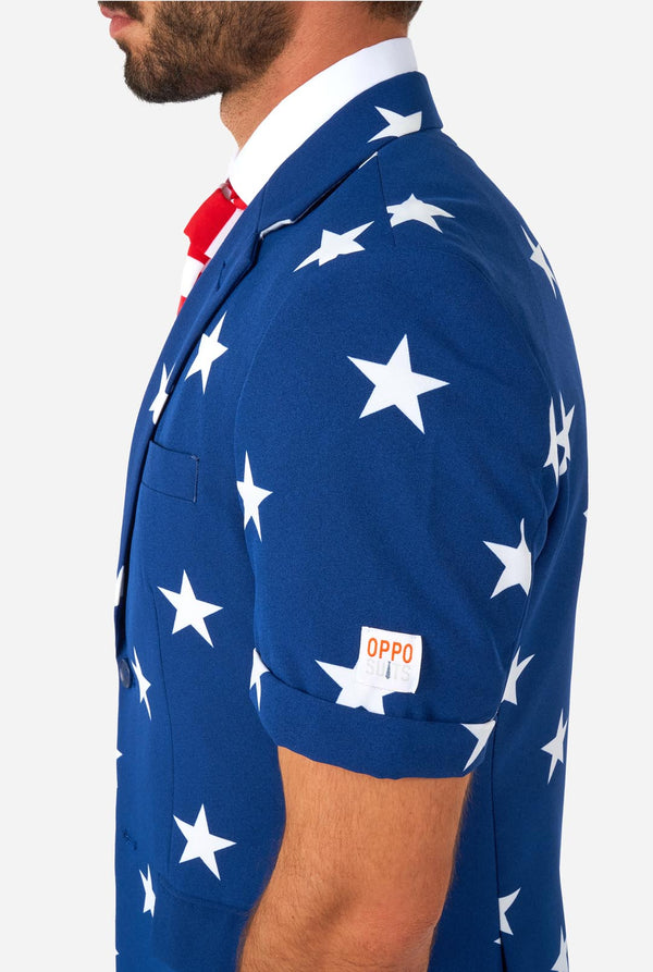 Man wearing American flag themed Summer suit, side close up