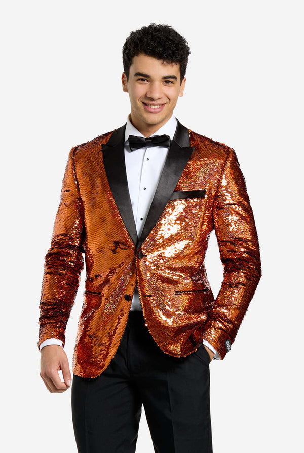 Men wearing tuxedo with orange sequins jacket