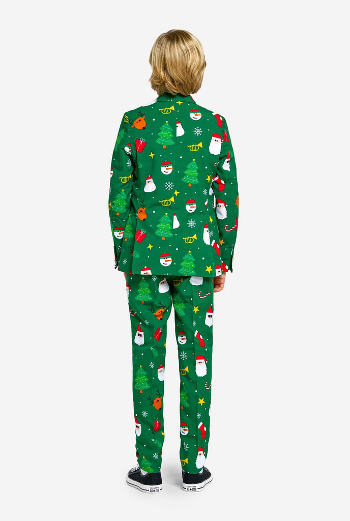 Teen wearing green Christmas suit for teens, with Christmas icons., view from the back