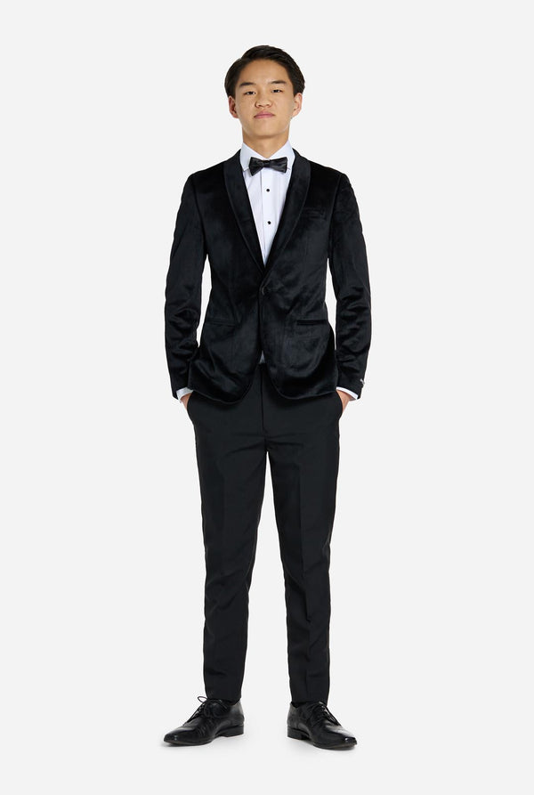 Teen wearing black velvet dinner jacket blazer for teen boys