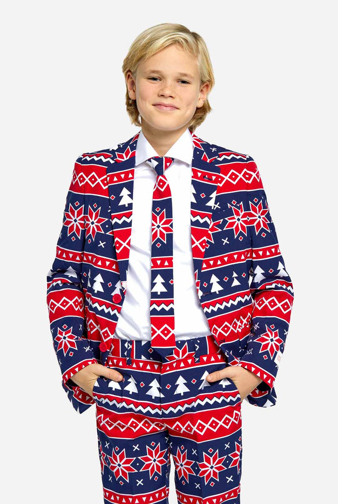 Teen wearing Christmas suit with Nordic Print