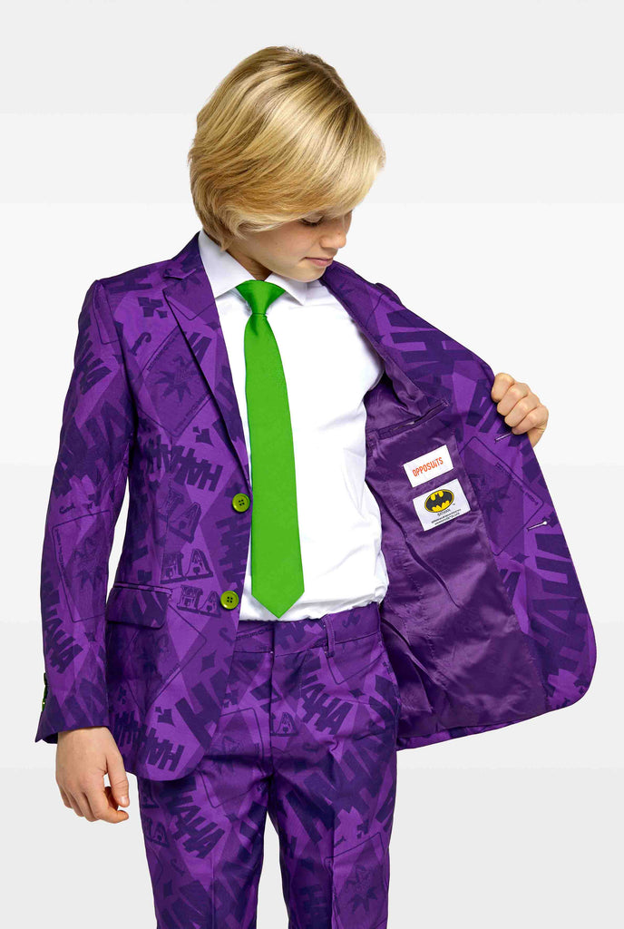 Teen wearing purple boys suits with The Joker Batman theme