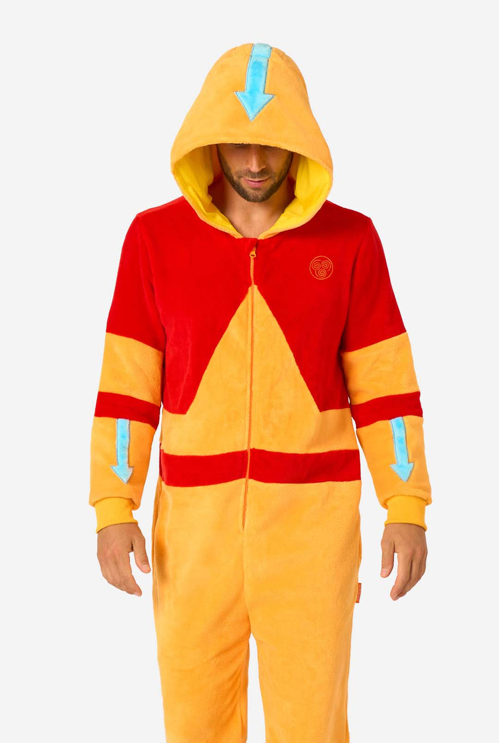 Man wearing orange and red Aang onesie with blue arrow hood inspired by Avatar The Last Airbender.