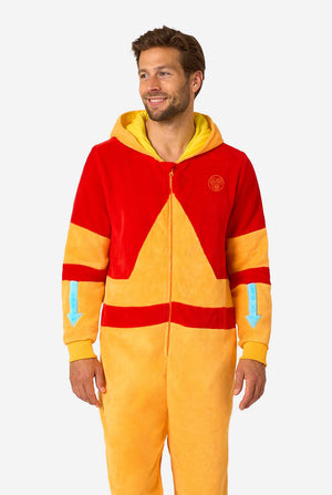 Adult Aang onesie costume with red and yellow design from Avatar The Last Airbender.