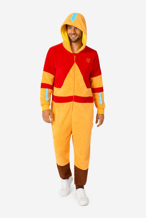 Cozy Aang onesie for adults featuring hood with blue arrow and Airbender outfit design.