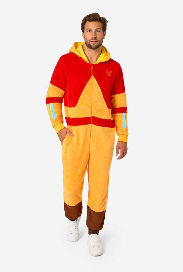 Aang onesie Avatar design with red and yellow colors, adult model front view.