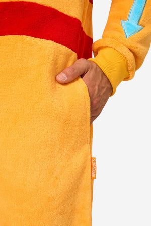 Close-up of Aang onesie pocket with orange Opposuits label, soft fleece fabric.