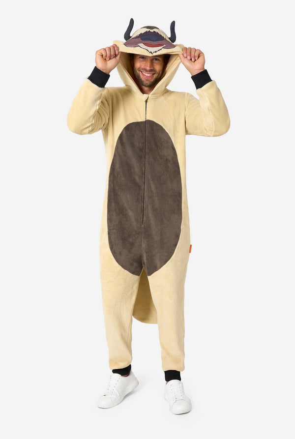 Man wearing a beige and brown fleece Appa onesie with hood featuring Appa’s face, horns, and brown belly patch.
