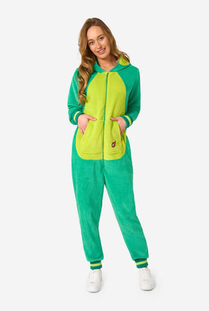 A woman are wearing a green dinosaur adult onesie featuring playful hood details and cozy, soft material, perfect for lounging or costume events.