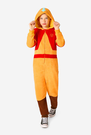 Child wearing a red and orange Aang onesie with a hood on a white background. Full body image