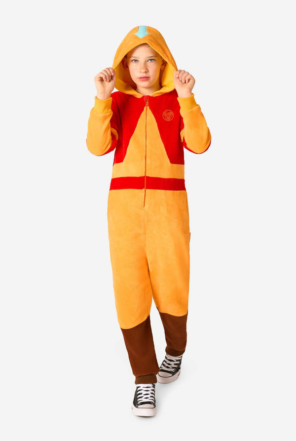 Child wearing a red and orange Aang onesie with a hood on a white background. Full body image