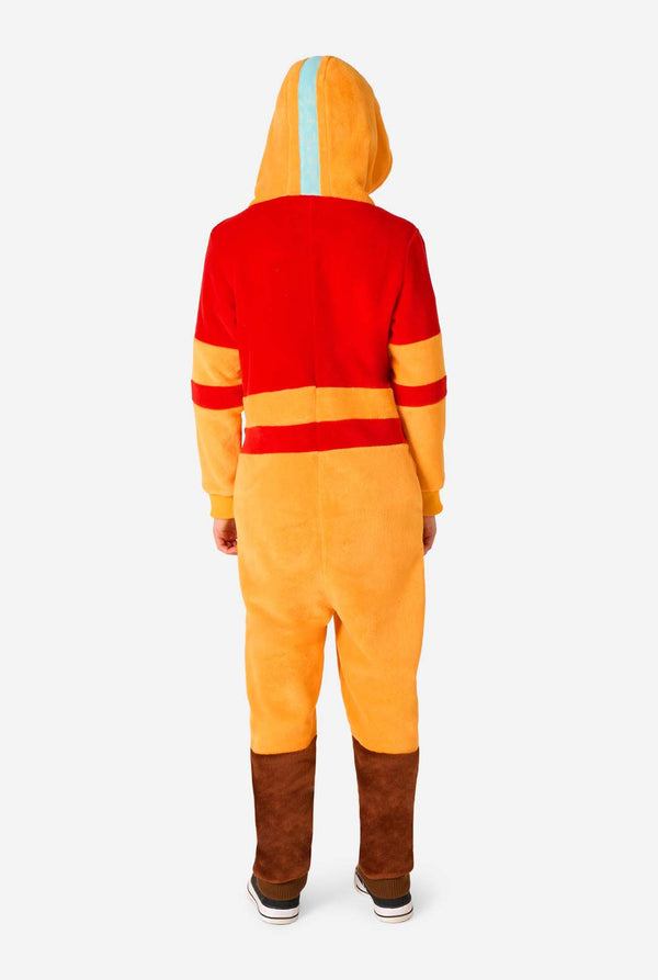 Child wearing a red and orange Aang onesie with a hood on a white background. View from the back