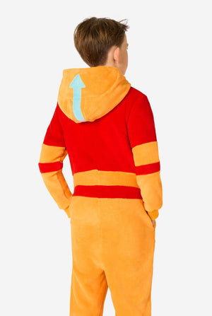 Child wearing a red and orange Aang onesie with a hood on a white background.