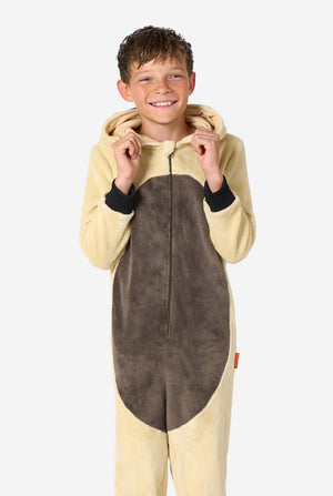 Child wearing a beige and brown Appa onesie with a hood on a white background