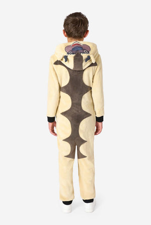 Child wearing a cartoon character Appa onesie hoodie with a white background. View from the back