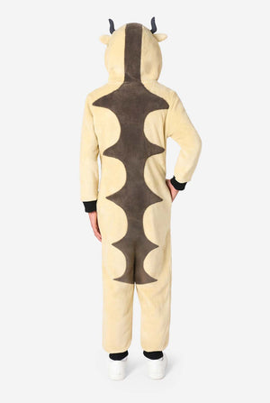 Person wearing a beige and brown Appa onesie with animal design on a white background