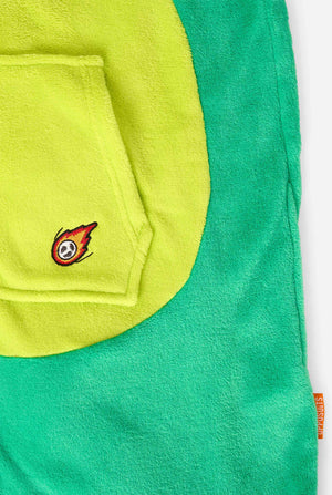 A kid is wearing a green dinosaur kids onesie featuring playful hood details and cozy, soft material, perfect for lounging or costume events. Kangeroo pocket close up.