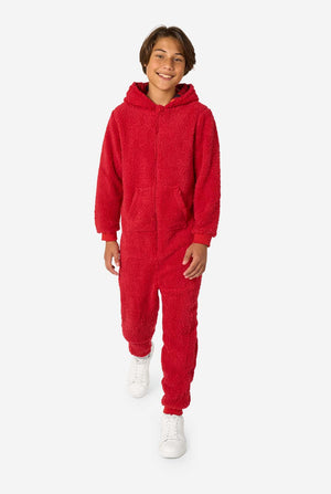 Kid is wearing a red onesie resembling Elmo. Full body image.
