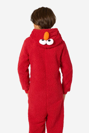 Kid is wearing a red onesie resembling Elmo. View from the back.