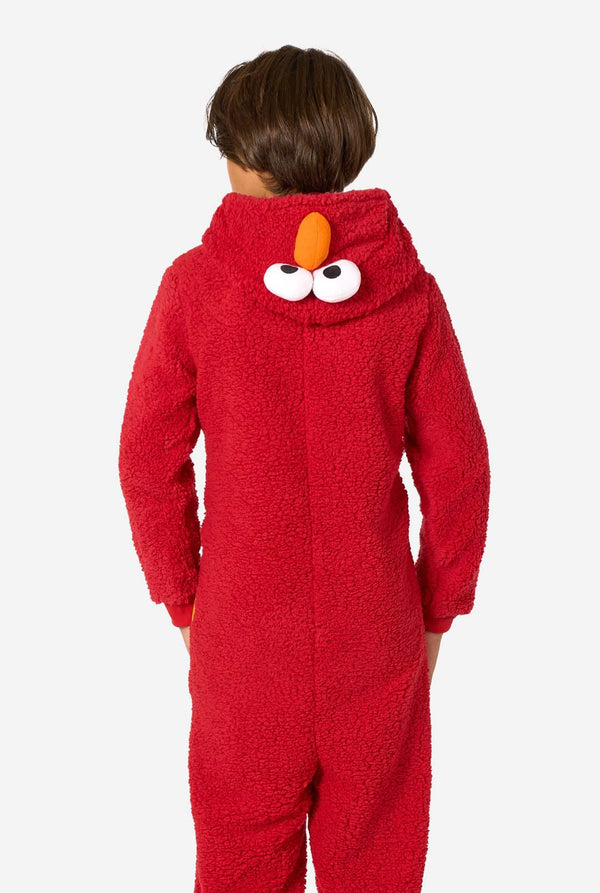Kid is wearing a red onesie resembling Elmo. View from the back.