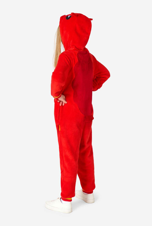A kid is wearing a bright red lobster-themed kids onesie featuring playful hood details and cozy, soft material. View from the side.