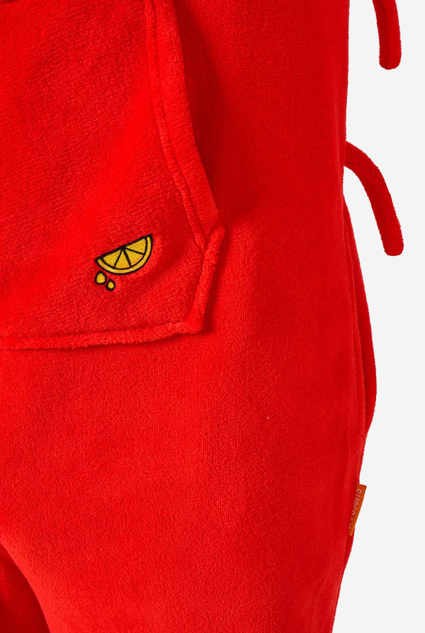 A kid is wearing a bright red lobster-themed kids onesie featuring playful hood details and cozy, soft material. Close up.