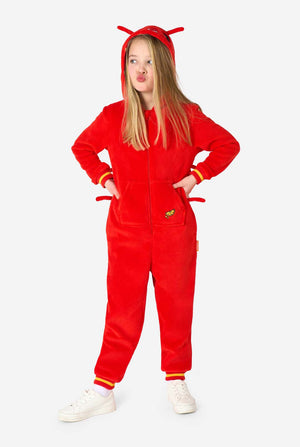 A kid is wearing a bright red lobster-themed kids onesie featuring playful hood details and cozy, soft material. Full body image, with the hands in the side.