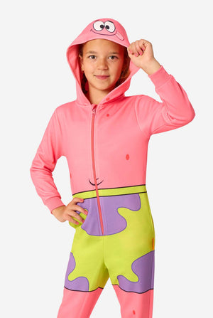Child wearing a colorful Patrick SpongeBob onesie with a hood on a white background.