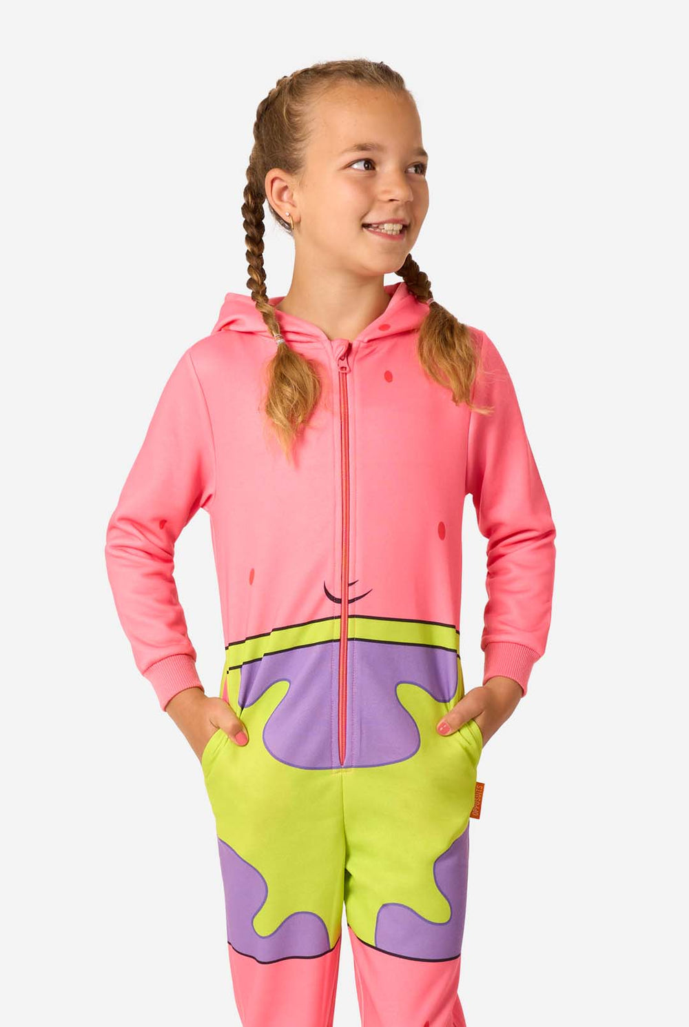 Child wearing a colorful Patrick SpongeBob onesie with a hood on a white background.