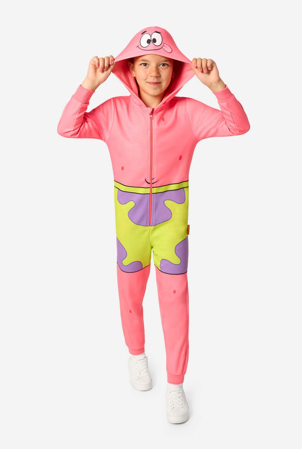 Child wearing a colorful Patrick SpongeBob onesie with a hood on a white background.