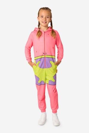 Child wearing a colorful Patrick SpongeBob onesie with a hood on a white background.