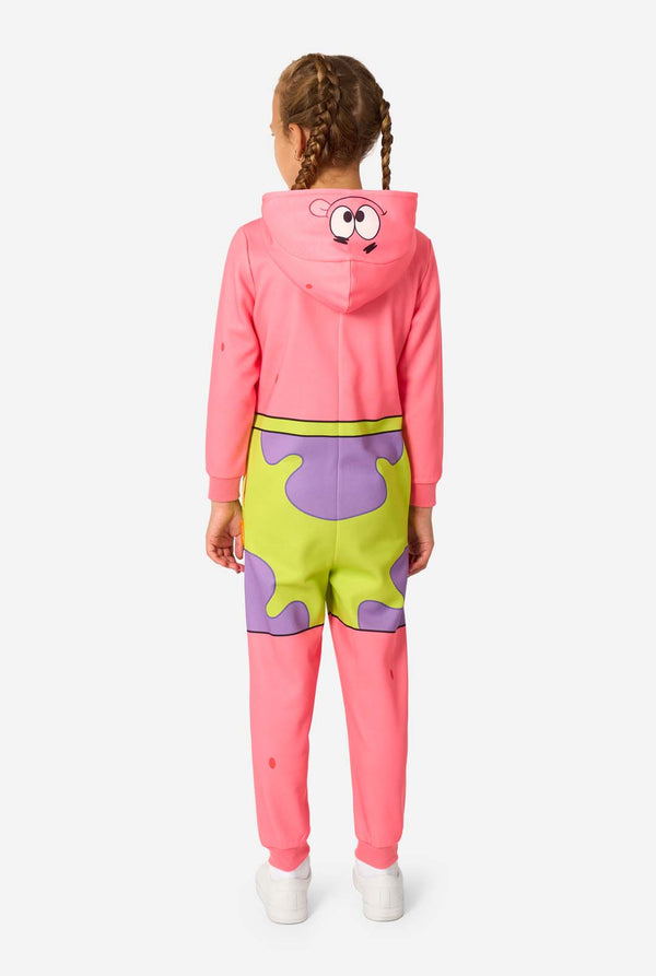 Child wearing a colorful Patrick SpongeBob onesie with a hood on a white background.