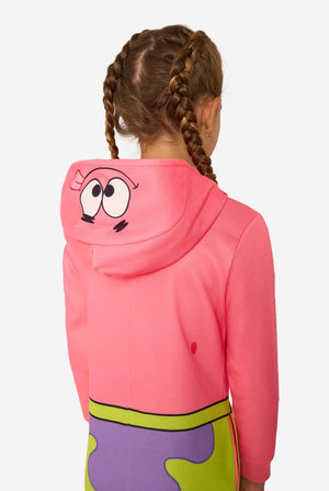 Child wearing a colorful Patrick SpongeBob onesie with a hood on a white background.
