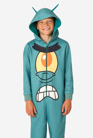 Child wearing a teal SpongeBob Plankton onesie on a light background