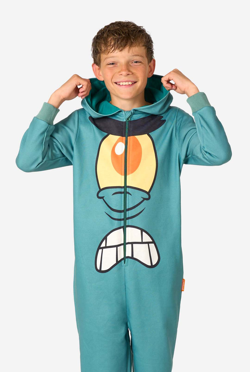 Child wearing a teal SpongeBob Plankton onesie on a light background