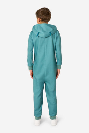 Child wearing a teal SpongeBob Plankton onesie on a light background