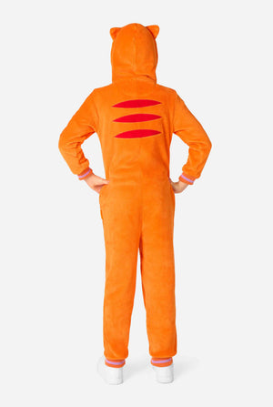 Child wearing a playful unisex kids onesie designed as a red-orange cat, featuring a hood with a cartoon cat face, ears, and a light beige belly panel, making a silly face against a plain background. View from the back.
