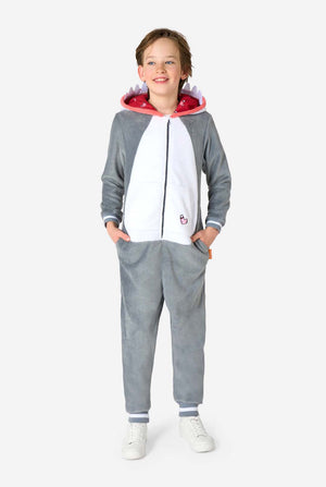 Front-facing view of a child standing with hands in pockets, wearing a grey and white shark onesie with visible teeth around the hood and a small cartoon chicken leg on the pocket.