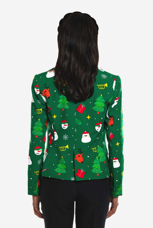 Woman wearing green Christmas blazer for women, with Christmas icons on it.