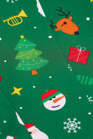 Woman wearing green Christmas blazer for women, with Christmas icons on it.