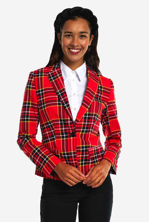 Woman wears womens blazer with tartan print 