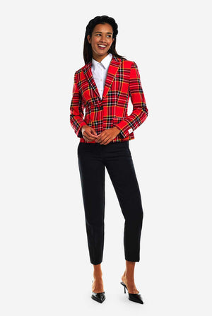 Woman wears womens blazer with tartan print 